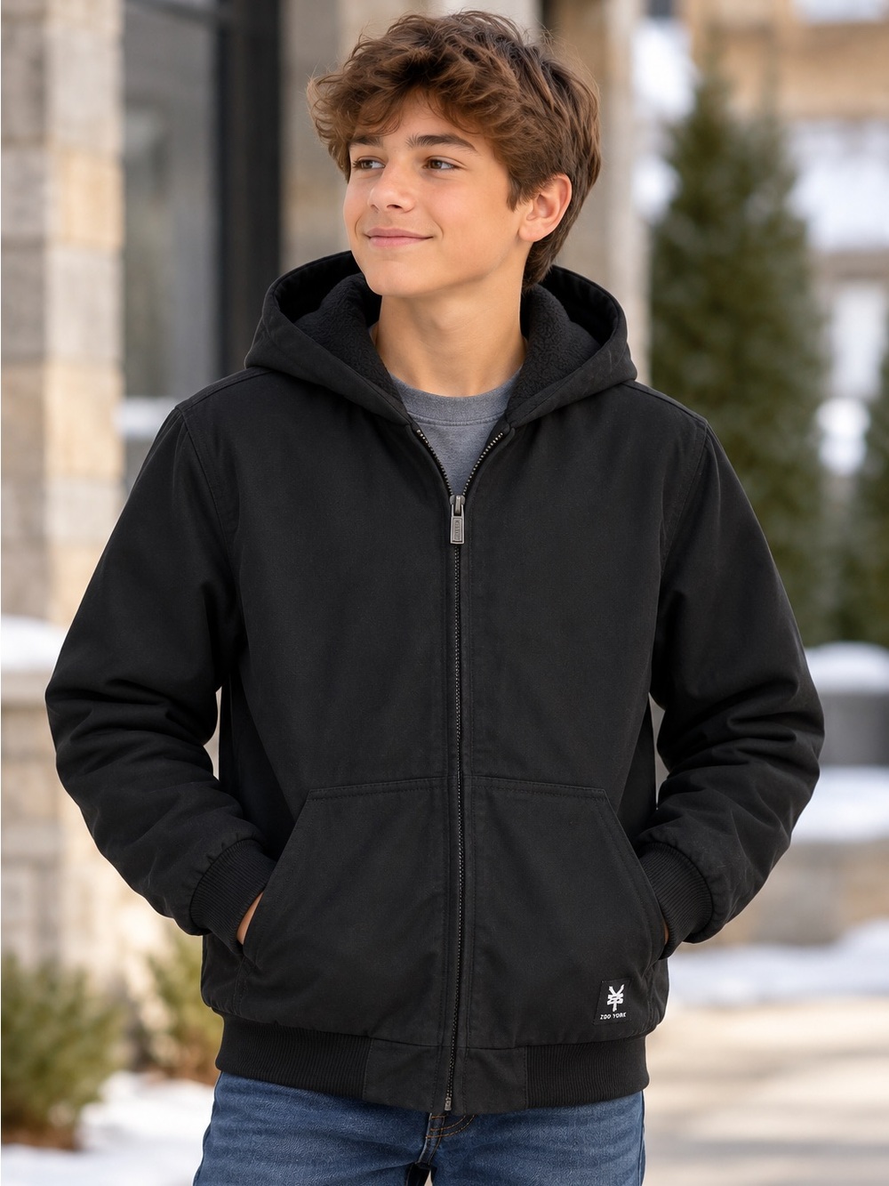 Zoo York Boys Youth XL (16) Black Fleece-Lined Canvas Hooded Jacket